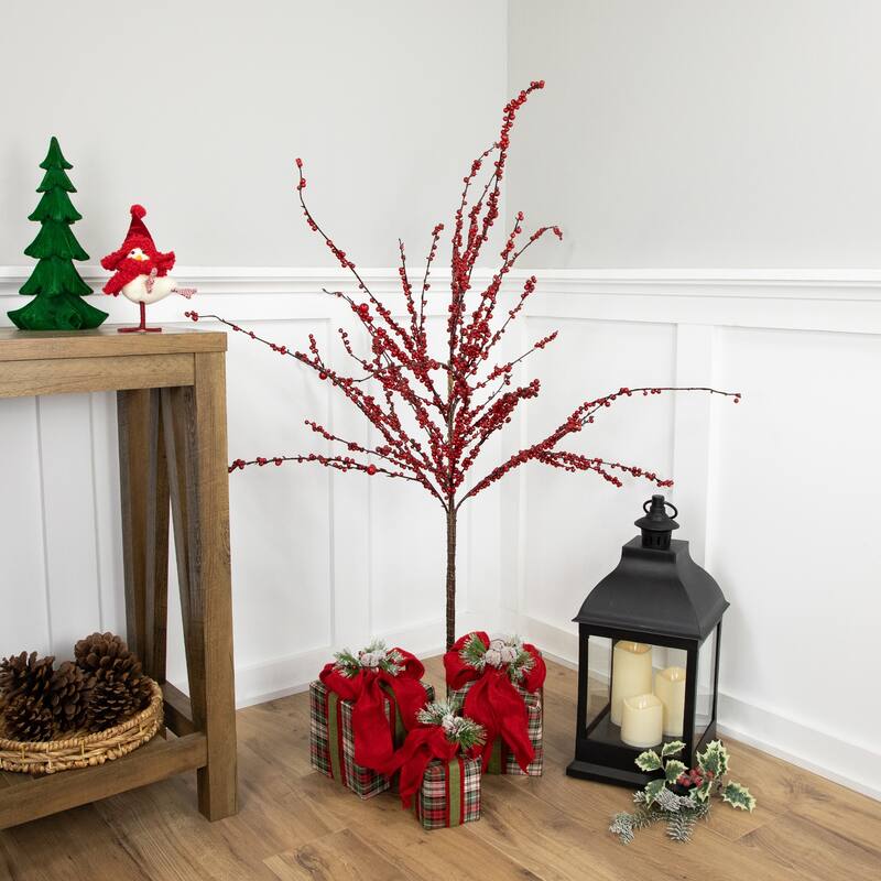 50" Artificial Red Berry Christmas Twig Tree with Square Stand, Unlit - 4 Foot