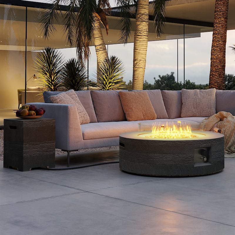 Patio Watcher 42in. Outdoor Round Magnesium Oxide Fire Pit Table with Gas Tank Cover and Wind Guard - Gray with horizontal stripes
