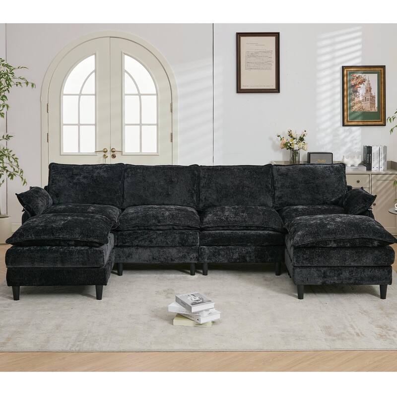 Modular U Shaped 6-Seater Convertible Chenille Sofa Set, Black