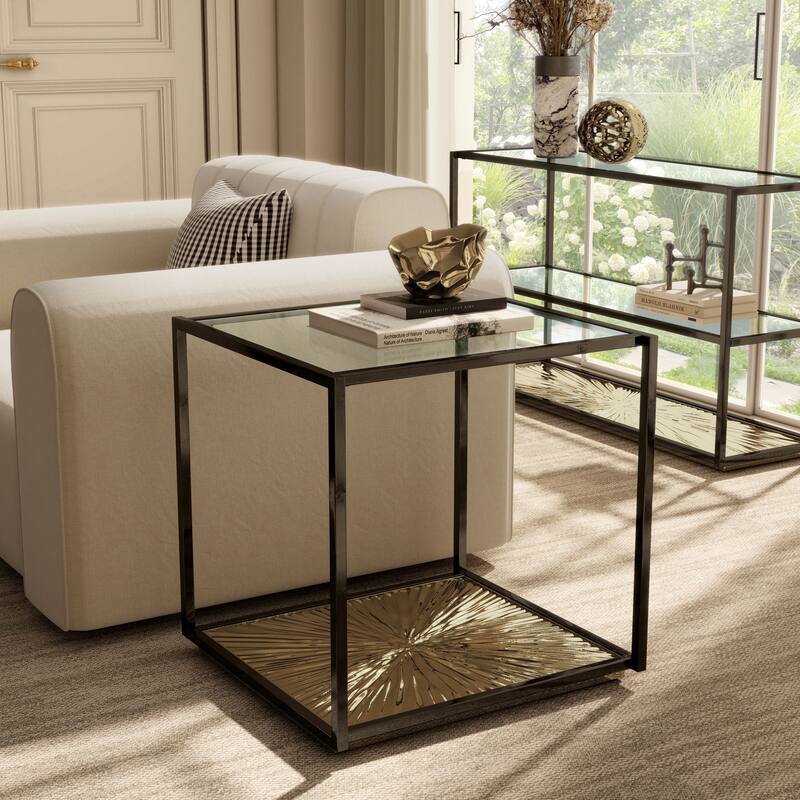 247 Shop At Home Aureum Modern 1-Shelf End Table with Sunburst Base and Tempered Glass Top