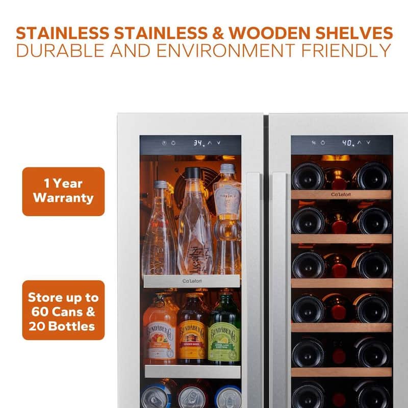 Ca'Lefort 24 inch 20 Bottle/ 60 Can Beverage Wine Cooler Dual Zone French Door Fridge