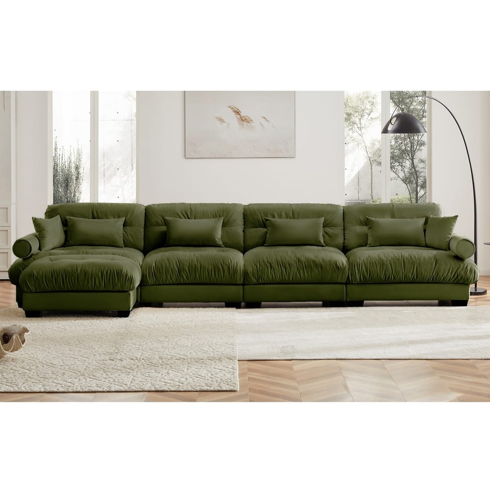 L-shaped Convertible Velvet Sectional Cloud Sofa with Ottoman & Pillows