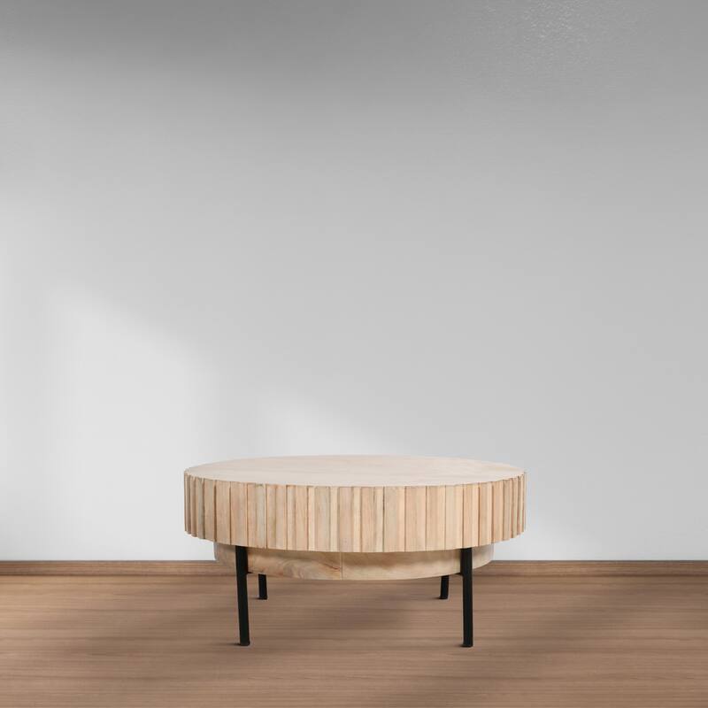 36 Inch Modern Handcrafted Round Coffee Table, Oak White Wood Top with Grooved Edges, Black Iron Legs