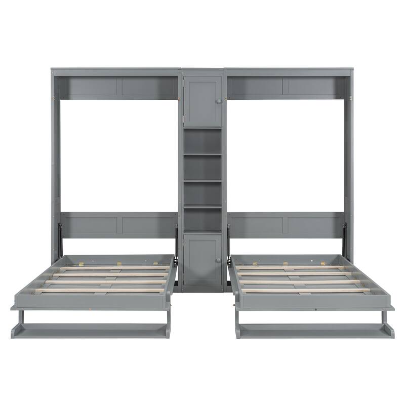 Dual Twin Wall Beds with Cabinets and Shelves, Space-Saving Furniture