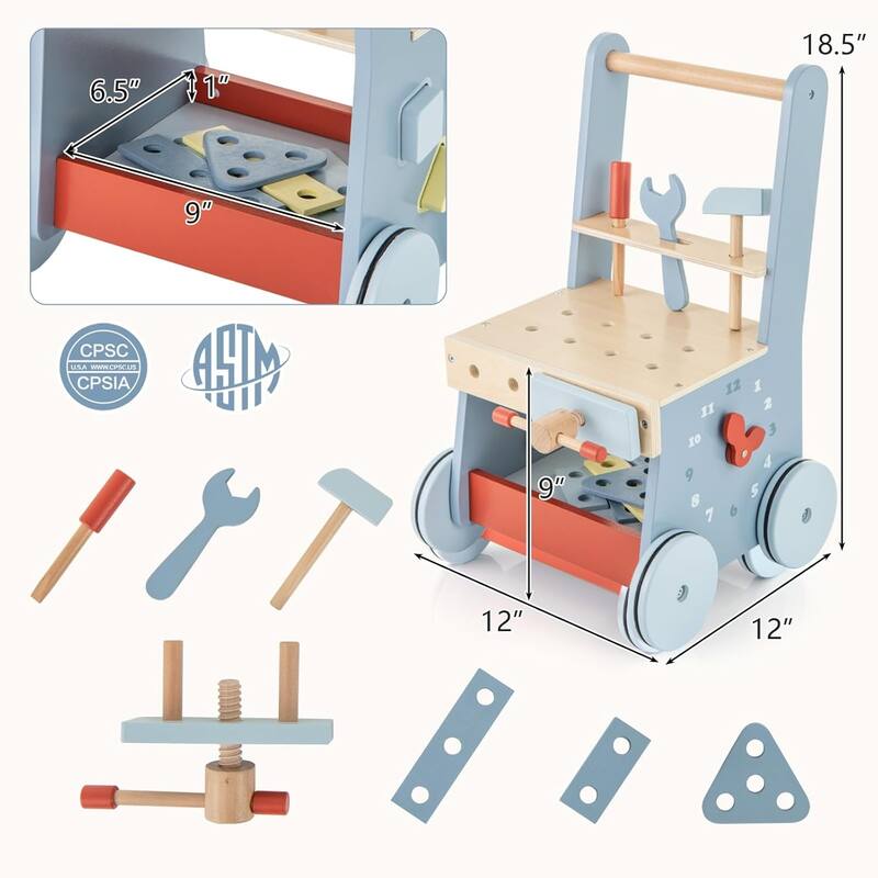 Baby Push Walker Wooden Toy Bench & Activity Walker w/Shape Sorter - Blue