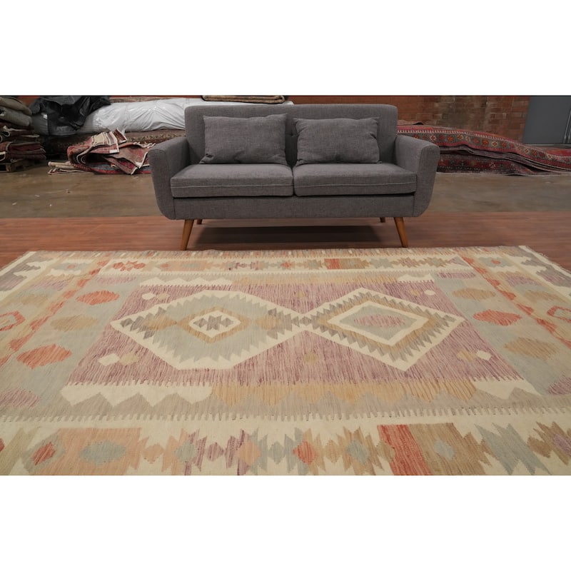 Hand Woven Oriental 100% Wool Carpet Southwestern Tribal Purples Kilim Area Rug - 9' 11'' X 6' 8''
