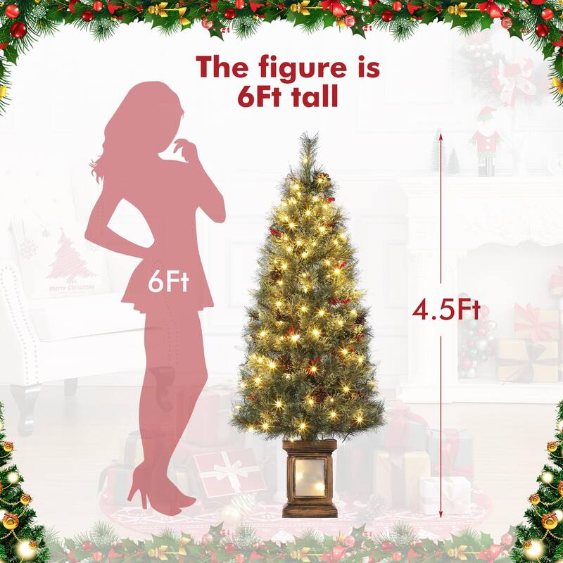 4.5FT Pre-Lit Christmas Tree Holiday Xmas Tree with Lighting Vintage Potted Base