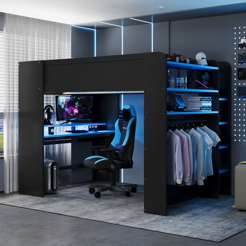 Full Size Wood Bunk Bed with height-adjustable Desk,Wardrobe and RGB Light - Blue