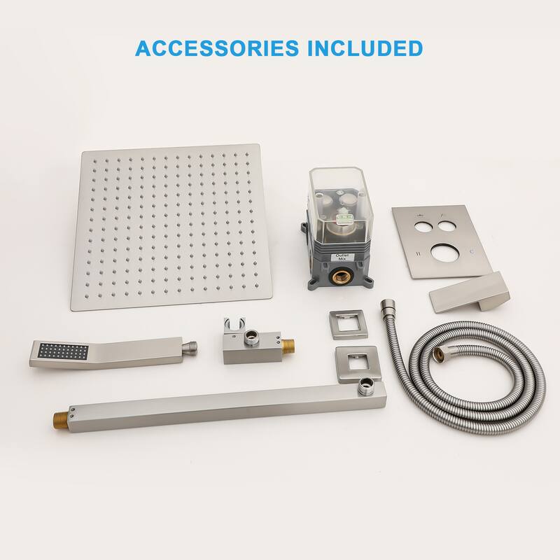Dual Shower Head - 10 Inch Wall Mounted Square Shower System with Rough-in Valve, Brushed Nickel