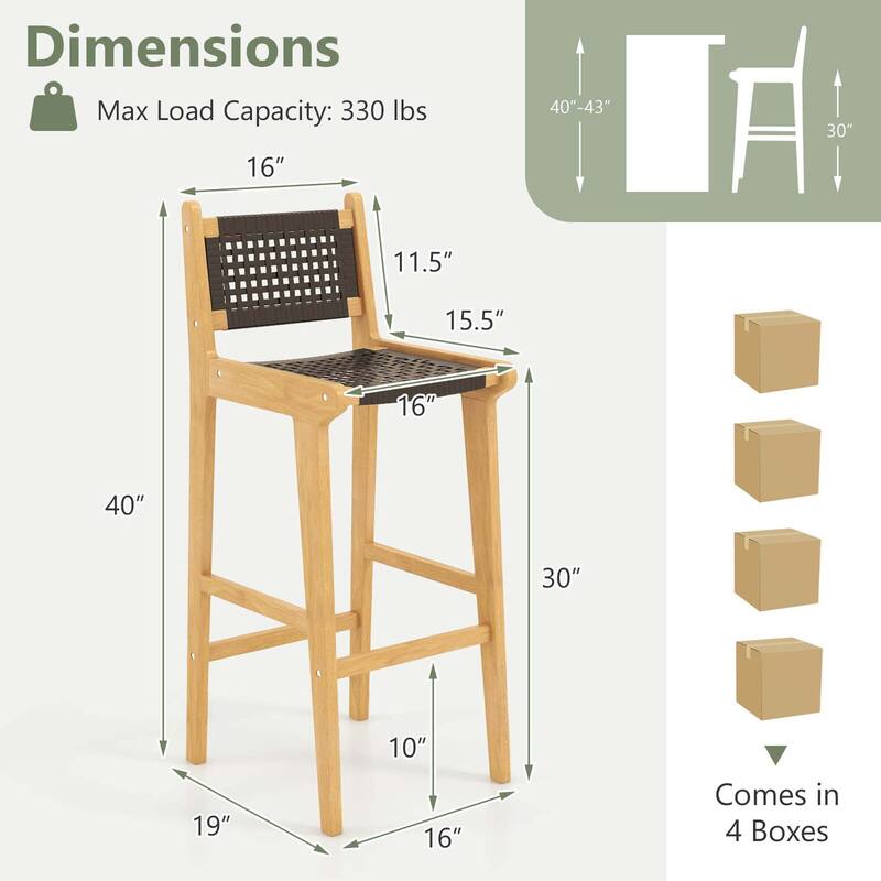 Costway 1/2/4 PCS 30" Teak Wood Bar Chair with Backrest & Footrest Bar