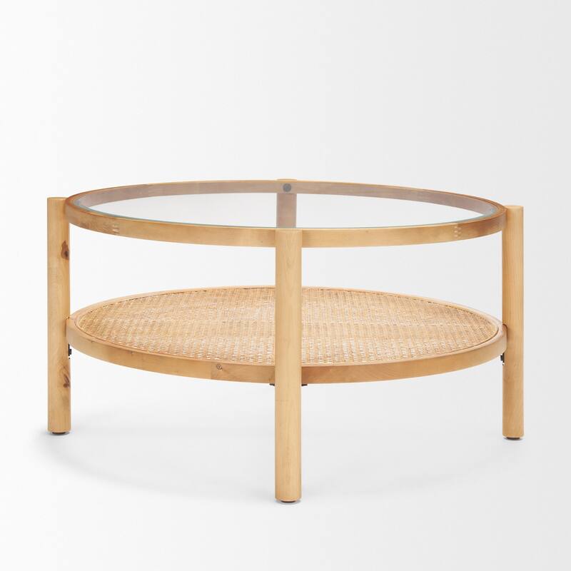 HomeRoots 34" Clear and Natural Glass and Solid Wood Round Coffee Table With Shelf - 34.25' X '17.25' X '34.25