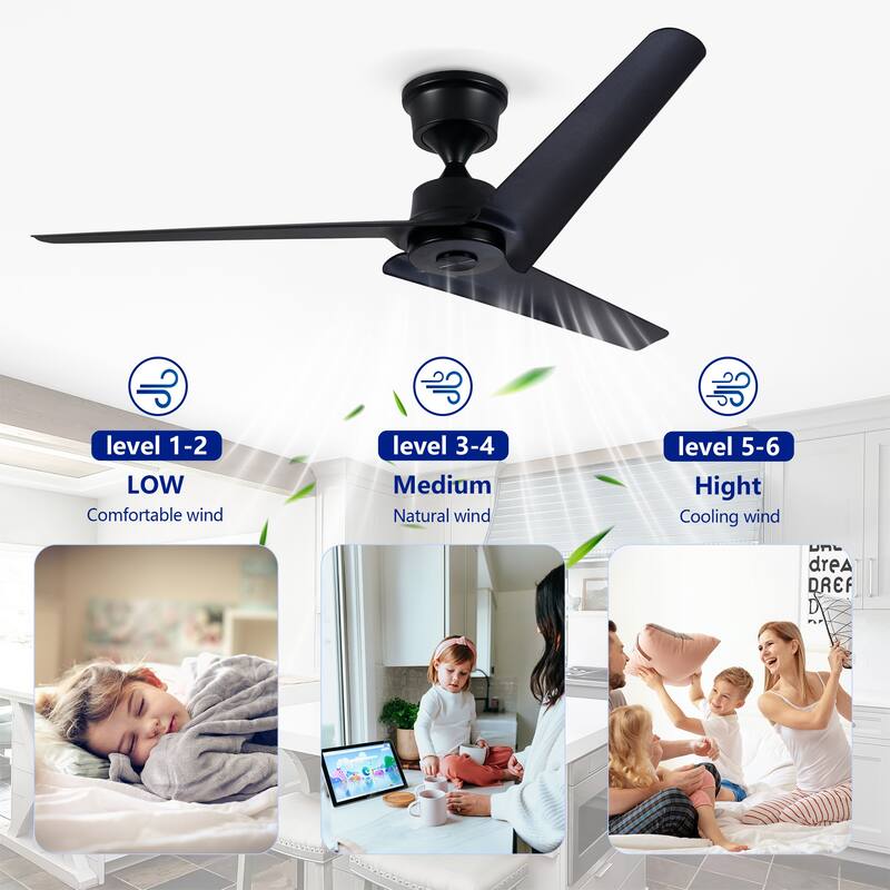 52"Flush Mount & Rod ABS 3 Blades Ceiling Fan with Remote Control No Lights, Modern Reversible DC Motor 3 Blades Ceiling Fans