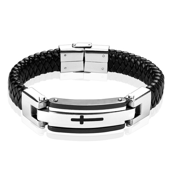 Steel Leather Bracelet with Black Cross (16 mm) - 8.75 in