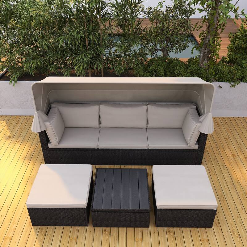 4-Piece Outdoor Wicker Sectional Patio Daybed with Canopy and Ottoman