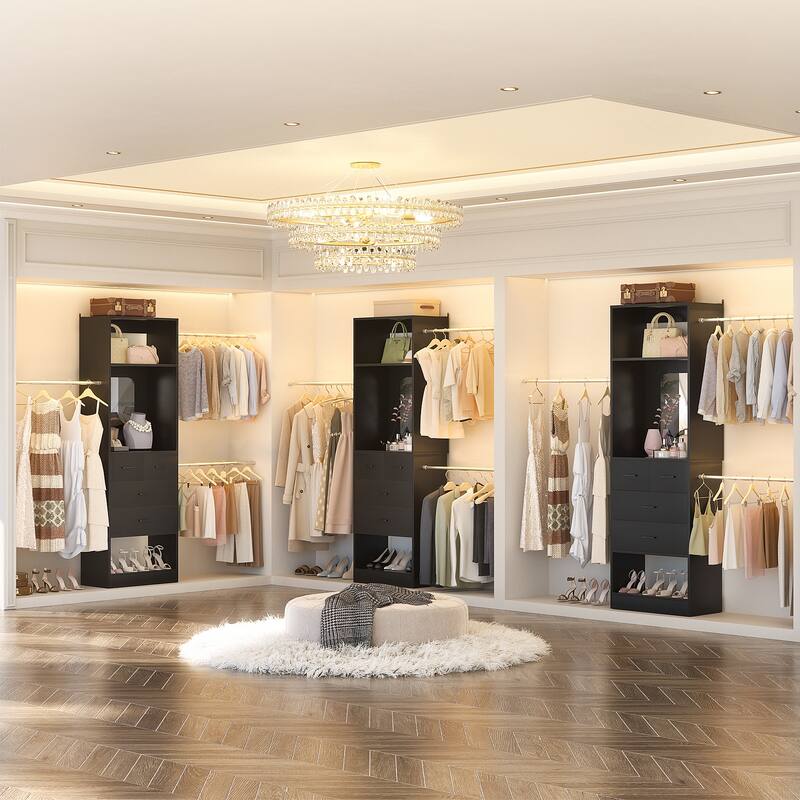25'' - 96" W Closet System with 4 Wooden Drawers and Mirror, Walk-in Closet Organizer Kits with 3 Extendable Hanging Rods