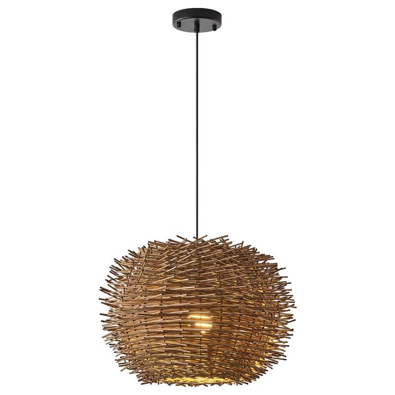 1-Light Modernism Nest Design Brown Hand-Woven Rattan Hanging Pendant Light - 20.47" W x 15.94" H