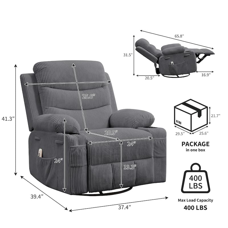 Swivel Rocker Recliner Chair with Massage and Heat, Oversized Reclining Sofa
