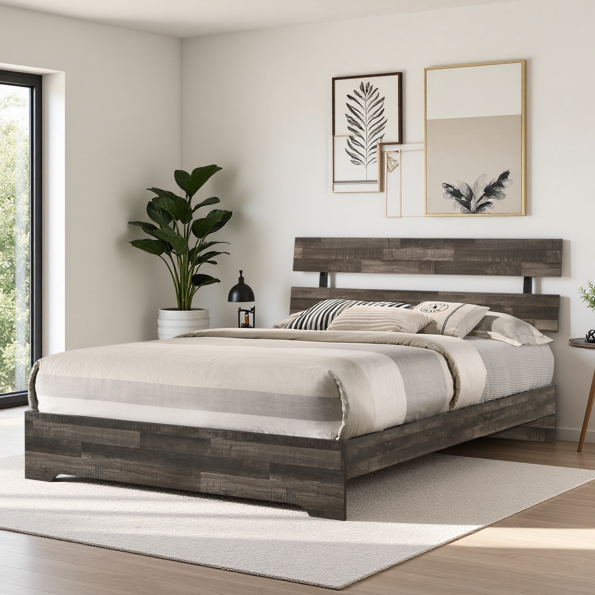 Wood Platform Bed with Rustic Style and Slat Headboard