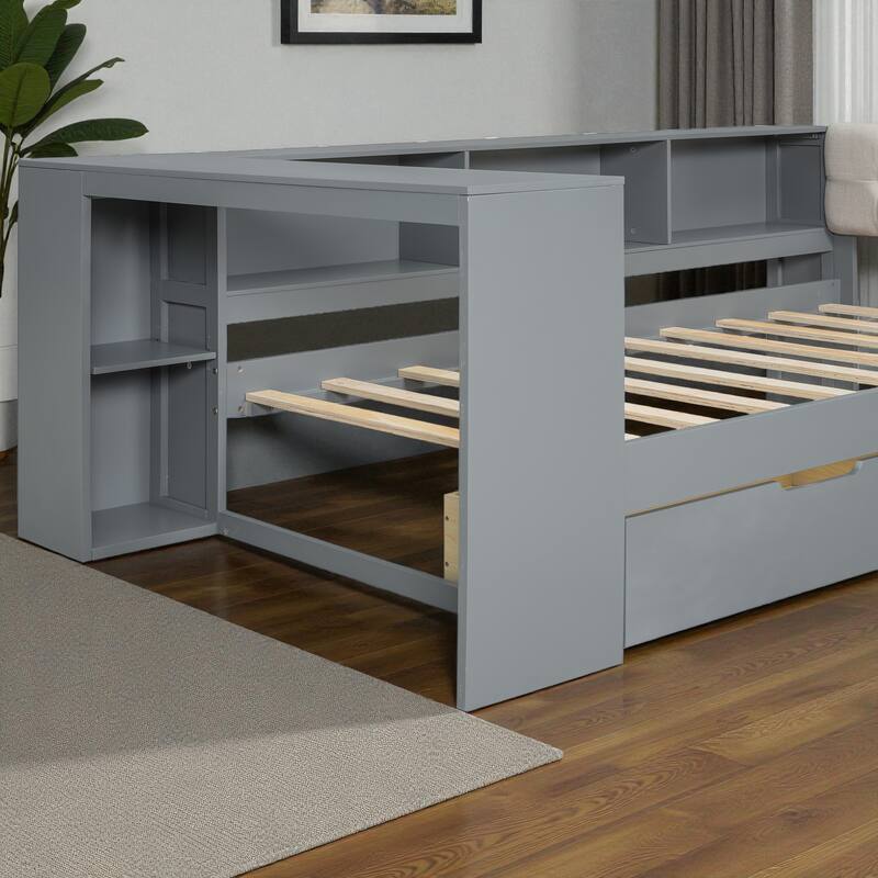 Wood Twin/Full Platform Bed with Upholstered Headboard, Storage Shelves, Drawers and Charging Station, No Box Spring Needed