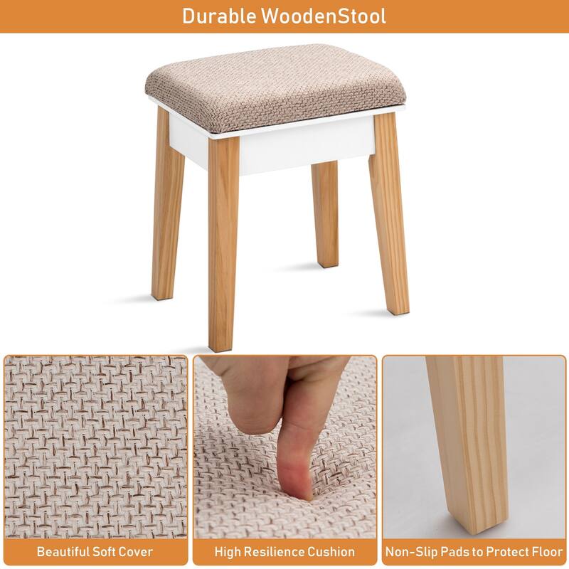 Costway Wooden Vanity Makeup Dressing Table Stool Round w/Drawer