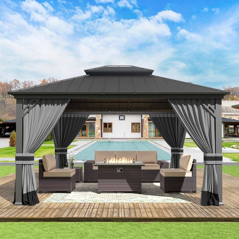 Kullavik Hardtop Gazebo w/ Galvanized Steel Roof & Aluminum Frame, New Outdoor Canopy w/ Mosquito Net & Curtain, Patio Pergola