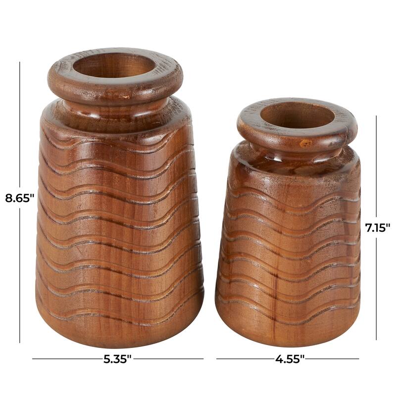 Brown Wood Decorative Vase with Carved Wavy Designs (Set of 2)