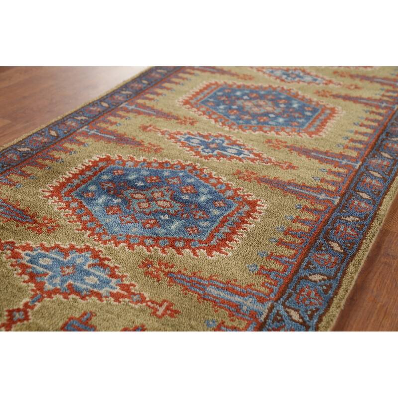 Green Geometric Viss Indian Runner Rug Hand-Knotted Wool Carpet - 2'6"x 9'7"