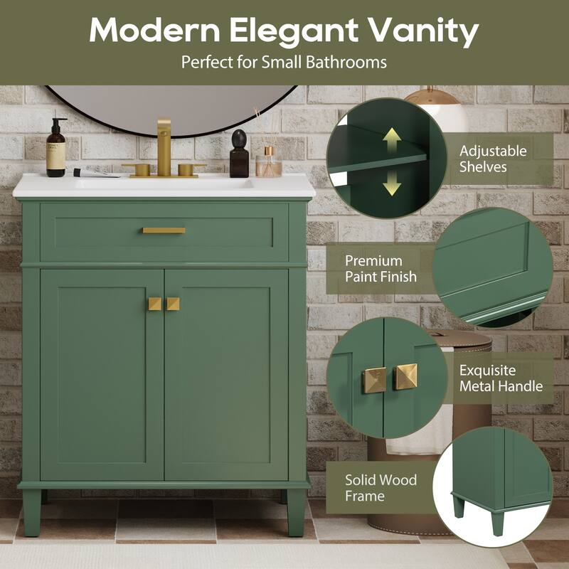 30-inch bathroom vanity with ceramic basin, soft close door and adjustable shelves