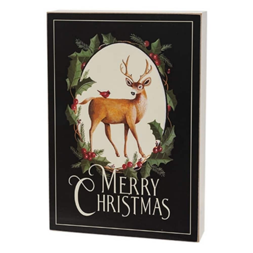 Ivory Black Wooden Box Sign Merry Christmas Deer Cardinal Holiday Decor 11x8 in - 8 x 1.50 x 11.50 in.