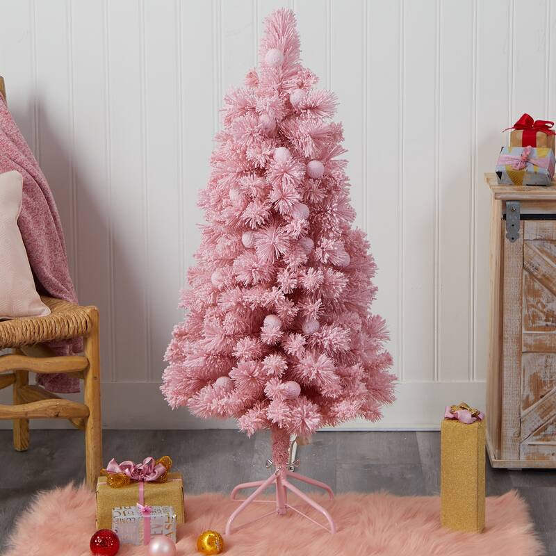4’ Pre-Lit Pink Flocked Artificial Christmas Tree, Multicolor LED Lights - 4 Foot