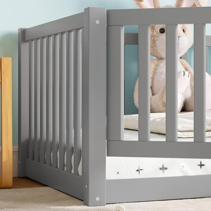 Montessori Floor Bed with Safety Guardrails & Door, Kids Low Profile Frame, Available in Queen/Full/Twin