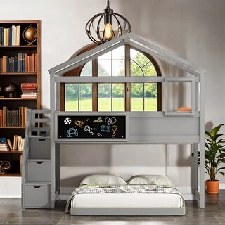 House Bed Design Twin Over Full House Bunk Bed with Storage Staircase and Blackboard