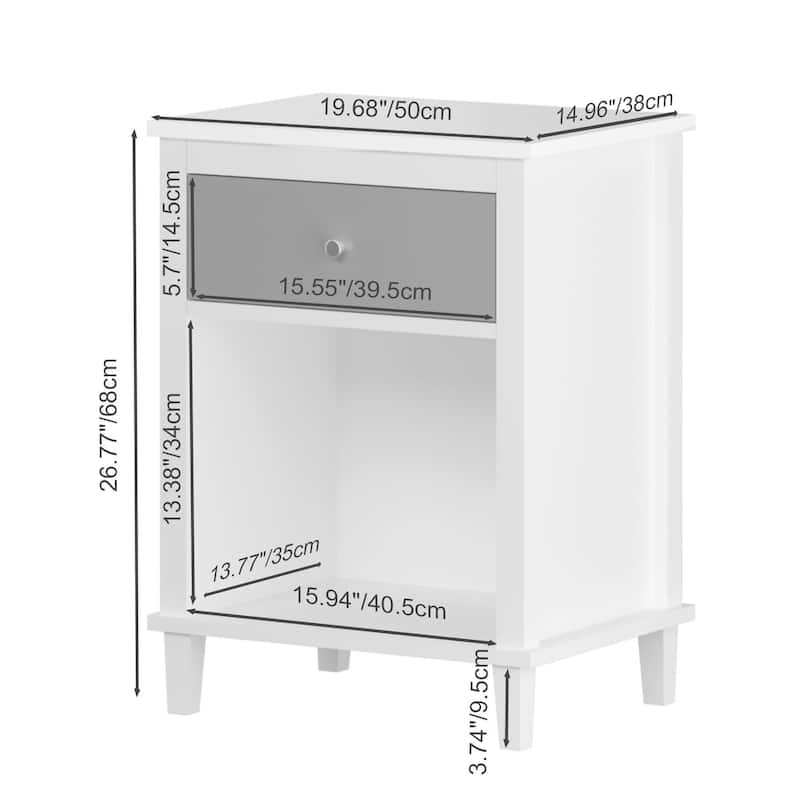 26.77"H Wooden Nightstand with One Drawer One Shelf for Kids, Adults, Gray+Silver Handle