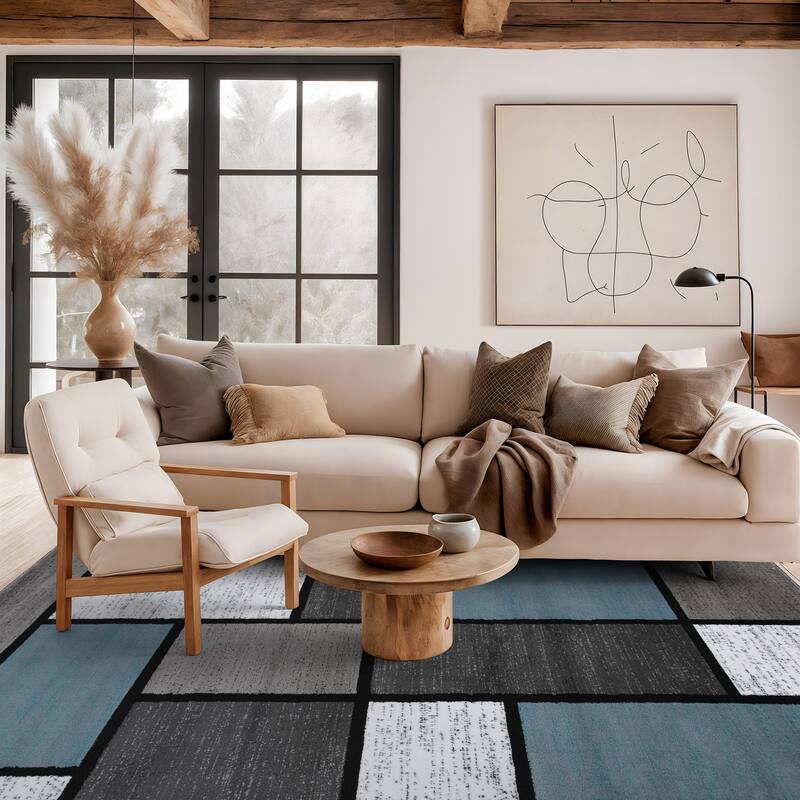 World Rug Gallery Contemporary Modern Boxed Color Block Area Rug - 5'3" x 7'3" - Light Blue