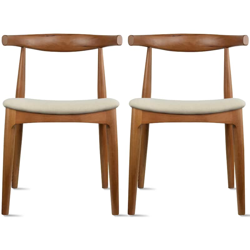 Set of 2 Kennedy Elbow Chairs Farmhouse Wooden Dining Chairs With PU Leather Or Fabric Cushion Seat, Modern Accent Side Chairs - Espresso + Beige Fabric Seat
