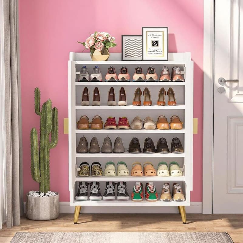 7 Tier Shoe Cabinet with Adjustable Shelves for Entryway Storage 29.5 Inch Height Durable Wooden Organizer for Home and Hallway