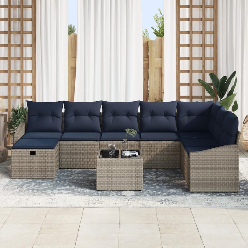 vidaXL 8/9 Garden Sofa Set with Cushions Black/Brown/Grey Poly Rattan - 113.6 x 70.3 x 27.2