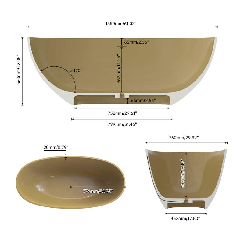 61 in. Freestanding Solid Surface Soaking Bathtub in Camel, Modern Design with Center Drain