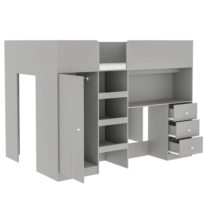 Wood Full Size Loft Bed with Built-in Wardrobe,Desk,Storage Shelves