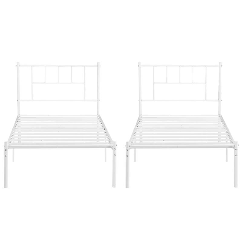 14 Inch Twin Size Metal Bed Frame Set of 2, Iron-Art Platform Bed No Box Spring Needed/Mattress Foundation for Storage - White