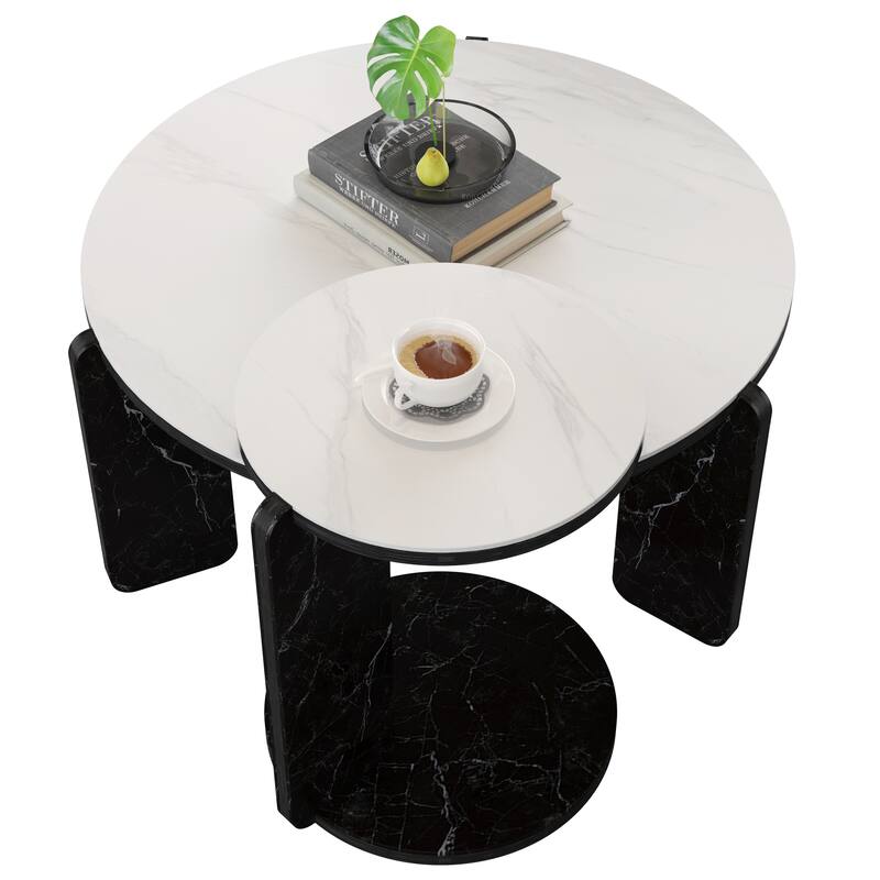 Round Nesting Coffee Table Set of 2, Sintered Stone Top Nesting Tables with Metal Frame, Modern Accent Side Table Set