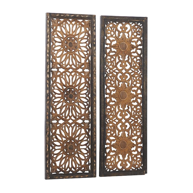 Wood Floral Handmade Intricately Carved Home Wall Decor - Set of 2 Brown - Roche River Decor