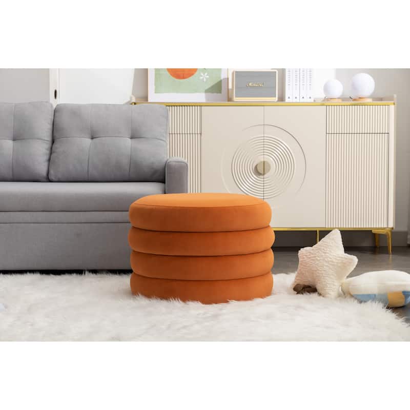 Velvet Round Ottoman with Storage, Footstool with Wooden Shelving, Multifunctional Round Vanity Stool for Makeup