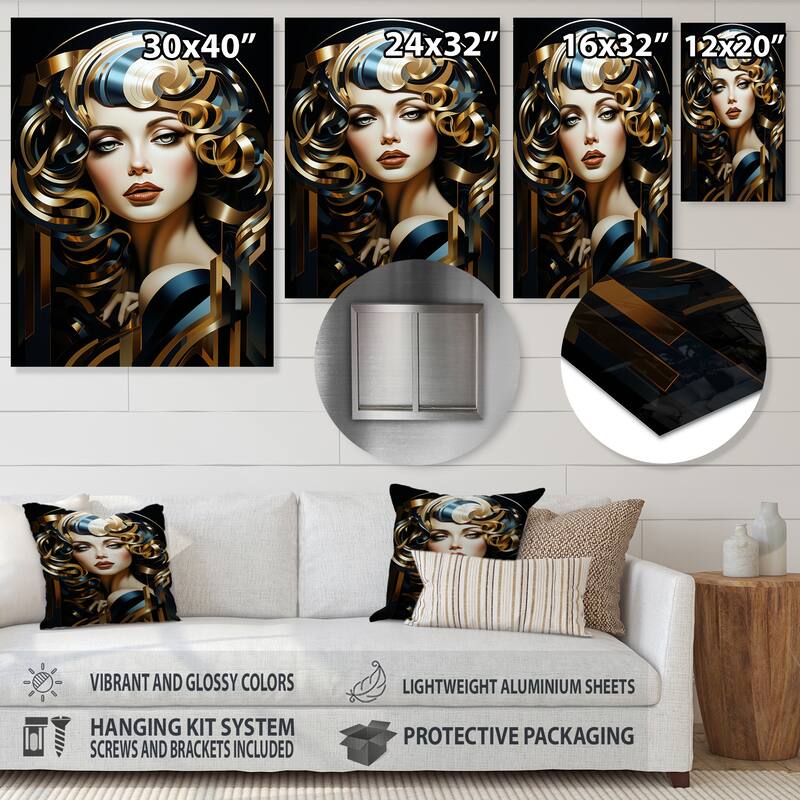 Designart "Black And Gold Glam Fashion Woman Portrait II" Woman Glam Black Metal Wall Art - Glam Metal Art Work