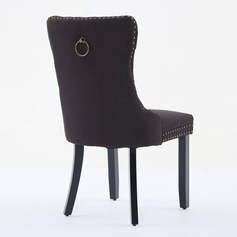 Set of 2 Linen Upholstered Dining Chair with Wood Legs, Nailhead Trim