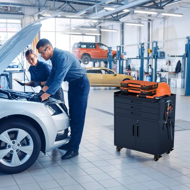 34.3" Rolling Metal Tool Cabinet, Heavy Duty Garage Storage with Lockable Doors & 3 Drawers, Mobile Workbench Organizer