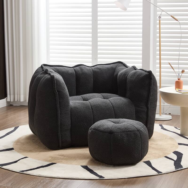 Extra-Large Chenille Bean Bag Chair with Footstool, Comfy Bean Bag Sofa for Adults, High Resilient Foam Square Lazy Sofa