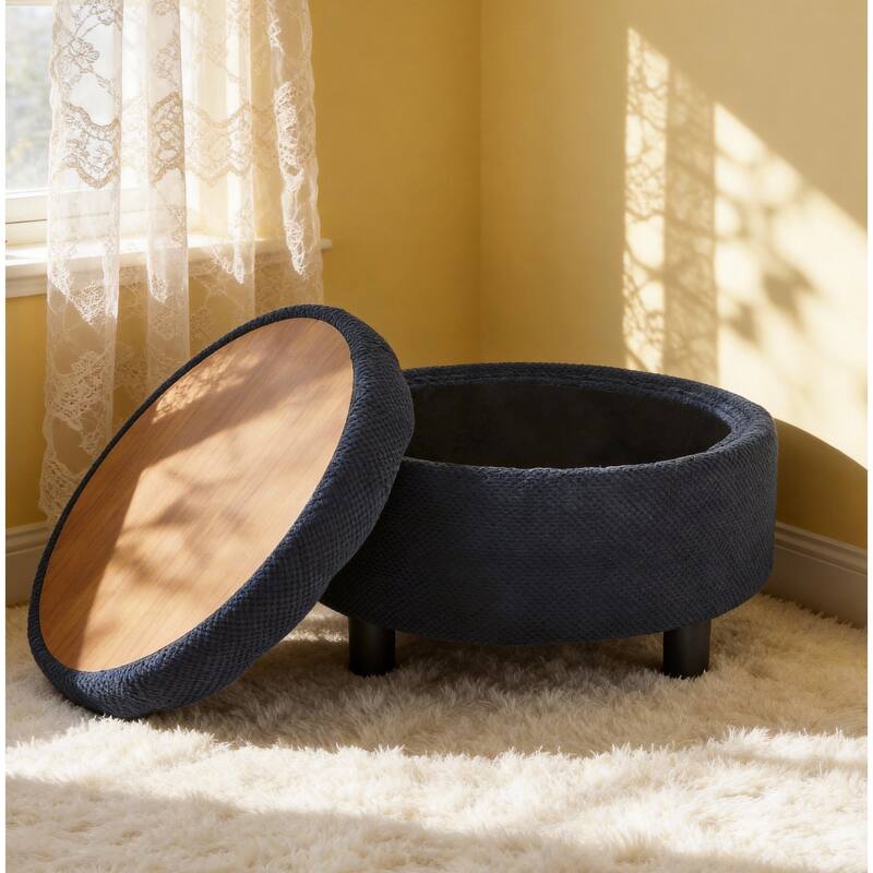 25"Round Storage Ottoman with Tray,ModernTufted Fabric Circle Coffee Table with Storage,Upholstered Ottoman with Removable Top