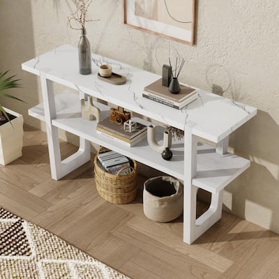 Console Table with Marble-Effect Top and Versatile Storage Solutions