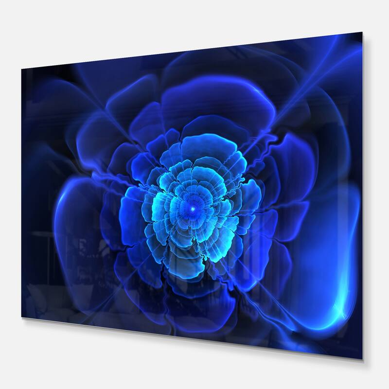 Bright Blue Fractal Flower in Dark Floral Large Abstract Art Glossy